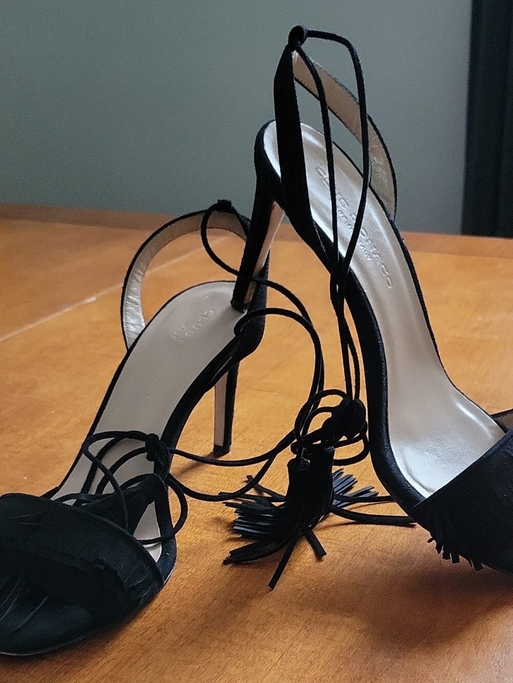 Club Monaco Black Fringe Lace-Up Stiletto Sandals